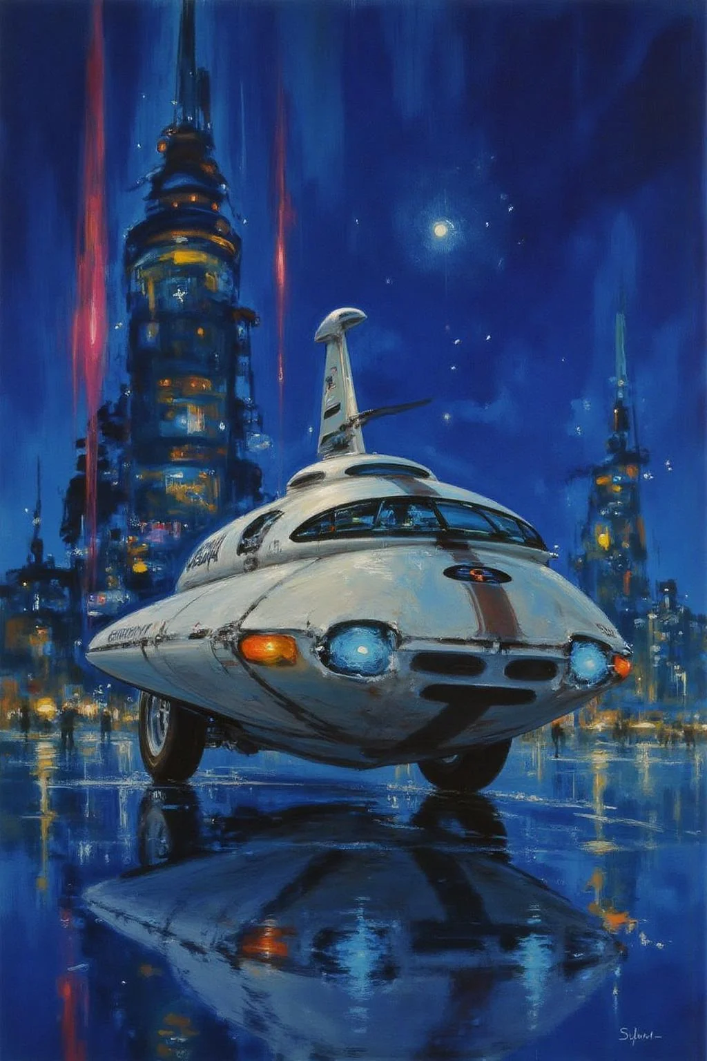 jober1 illustration.
sydme1 painting
a futuristic, high-tech environment. The scene is dominated by a sleek, silver, futuristic vehicle labeled "EMERGENCY 20" with a distinctive, angular design, featuring a large, curved windshield and glowing blue lights. The vehicle is positioned in the foreground, slightly to the right, on a reflective, wet surface that mirrors the surrounding neon lights. <lora:jober1_cap_d6a3e12:1.0><lora:819136218810908465:0>