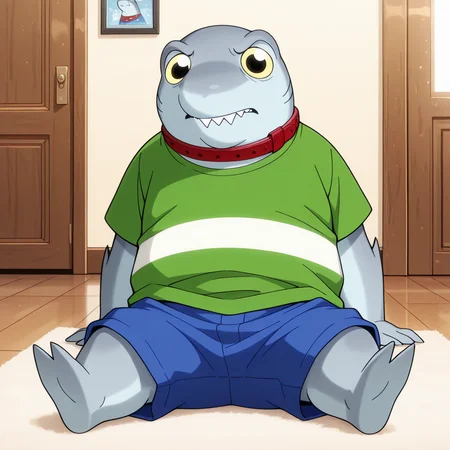 amazing quality, best quality, colorful, masterpiece, indoors, <lora:ShaunShark-v1-11:1> (hq-shaun, shark boy, no_tail, 1boy, young, plump), sitting, red collar, indoors, annoyed, looking at viewer, 
, green t- shirt, blue shorts