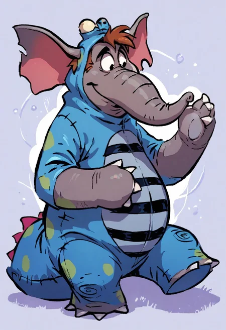 (score_9 | score_8_up | score_7_up) ((masterpiece:1))(best quality,very high quality,ultra detailed:1.2) (2D,cartoon style,anime style)(Smooth:2)(clean blurring) (four fingers on each hand,one thumb on each hand:1),
Abu elephant, elephant, solo, brown hair, grey skin, black eyes, trunk, trunk nose, elephant trunk, elephant ears, wearing a blue dragon costume, Dragon costume, full body