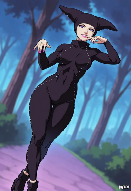 MatsuriGodTreeBTBV, 1girl, solo, black headwear, striped eyes, pink lips, large breast, black studded bodysuit, striped four-pointed magenta collar, black studded hood, purple rinnegan, thick thighs, high-heeled ankle boots, pink nails,
,seductive pose, sexy pose, tease,
masterpiece, best quality, ultra-detailed, very aesthetic, detailed background, very aesthetic, newest, scenery, highres, 4k, absurdres, 8k, colorful,vibrant, glowing, perfect face, 2d, perfect eyes, detailed eyes,
masterpiece, best quality, ultra-detailed, very aesthetic, newest, scenery, absurdres, perfect anatomy, , perfect face, perfect eyes, mature body, clear eyes, beautiful eyes, athletic, curvy body, athletic girl, perky tits, perfect tits, round breasts, pinup pose, teasing, lustful expression,
muscular female, dutch angle,
,naughty smile,
,detailed eyes,Smooth Negative, highres, absurdres, uncensored,
