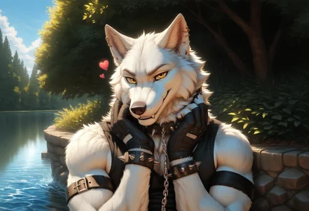 score_9, score_8_up, score_7_up, score_6_up, 1anthro, 1human, male, , furry, detailed fur, anthro, eyes, , perfect face, detailed eyes, perfect eyes, sexy, sexy boy, beautiful eyes, perfect cute face, petite body, face focus, low angle, close up, looking at viewer, face focus, outdoors, detailed lighting, detailed background,
smug expression, floating hearts, eye focus, smug, pleased, mischievous, smirk, seductive pose, outdoors, park, river, flirty, flirting with viewer, posing, dynamic pose, posing for viewer, seductive, upper body, portrait,
bedroom eyes, detailed eyes, perfect eyes, beautiful eyes, , detailed fur, tail, yellow eyes, realistic fur, , solo, 1 boy, young, (((handsome, detailed face and eyes))), wolf, white wolf, solo, white detailed fluffy fur , realistic yellow eyes, neck fluff, yellow eyes, extremely detailed eyes, wolf, bara, muscular, toned , Haruki, anthro wolf, Haruki_Koizumi, sexy, black tank top with red stripes, black armband on upper left arm, finger-less glove on hands, spiked bracelet on left wrist, black spiked collar on neck, gold piercings on left ear, jewelry, black clothing, black belt, wolf tail, bottomless, shirt, gloves, jewelry, ass focus, earrings, sleeveless, belt, gloves, collar, bracelet, chain, piercing, spikes, spiked collar, anthro wolf hands, claws, detailed anthro hands, detailed fluffy fur, white fur, <lora:Haruki_Koizumi_-_Tennis_Ace:0.6>
tail, uncensored,
<lora:princess_xl_v1:1> <lora:Expressive_H:0.8> <lora:g0th1cPXL:0.45> <lora:incase-ilff-v3-4:0.3>, canine mouth, sharp teeth,
<lora:CleanDetailed_Eyes:0.25> <lora:Better_caninefeline_mouth:0.2>