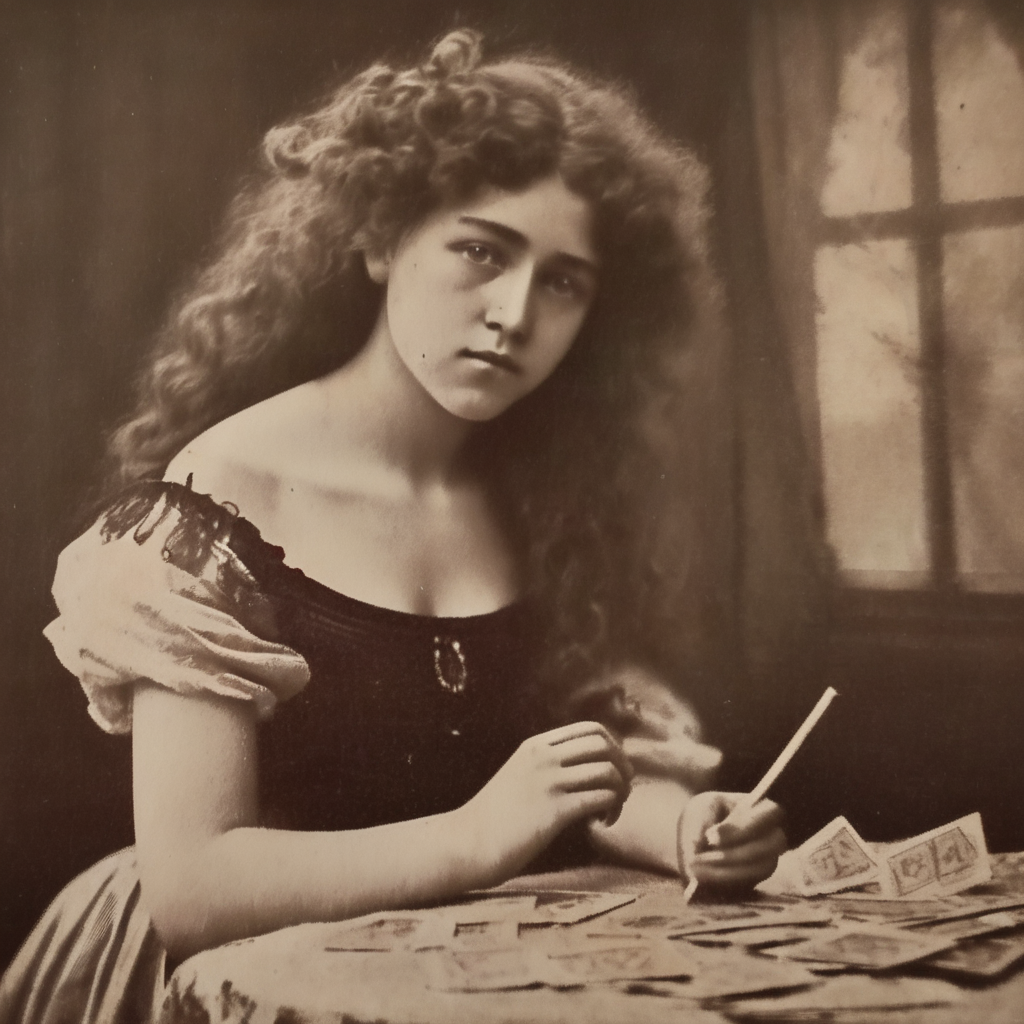 nostellum beautiful girl with curly hair spreading tarot cards <lora:nostellum:1>