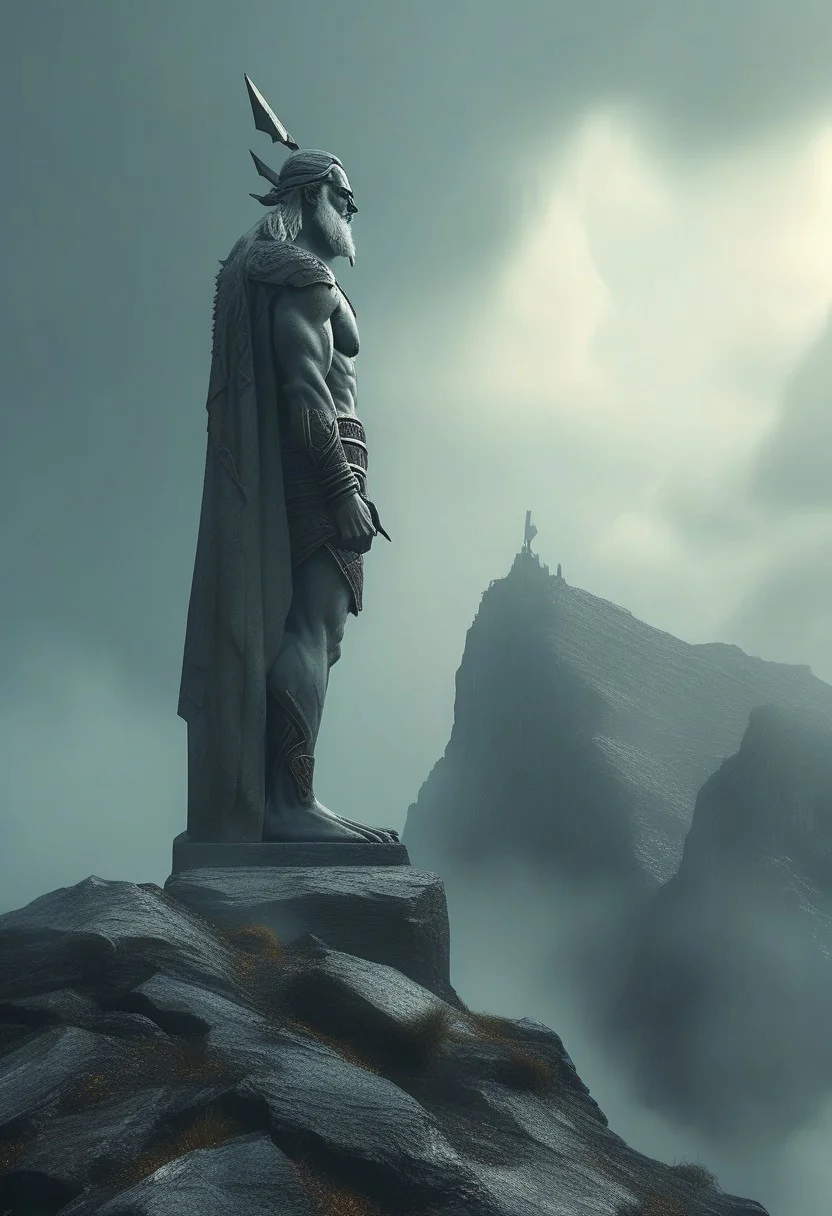 Idol of Perun, the mighty god of thunder and lightning, stands on the peak of a high mountain. He is carved from stone, with a formidable face and powerful hand, holding a lightning bolt. The mountain is shrouded in fog and storm clouds. In the style of hyperrealism, with high detail, high resolution. In the style of Art Deco. Pixel Fragmented Reality.