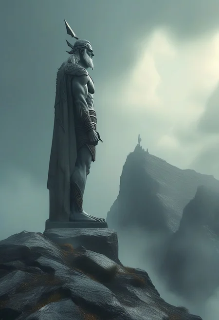 Idol of Perun, the mighty god of thunder and lightning, stands on the peak of a high mountain. He is carved from stone, with a formidable face and powerful hand, holding a lightning bolt. The mountain is shrouded in fog and storm clouds. In the style of hyperrealism, with high detail, high resolution. In the style of Art Deco. Pixel Fragmented Reality.