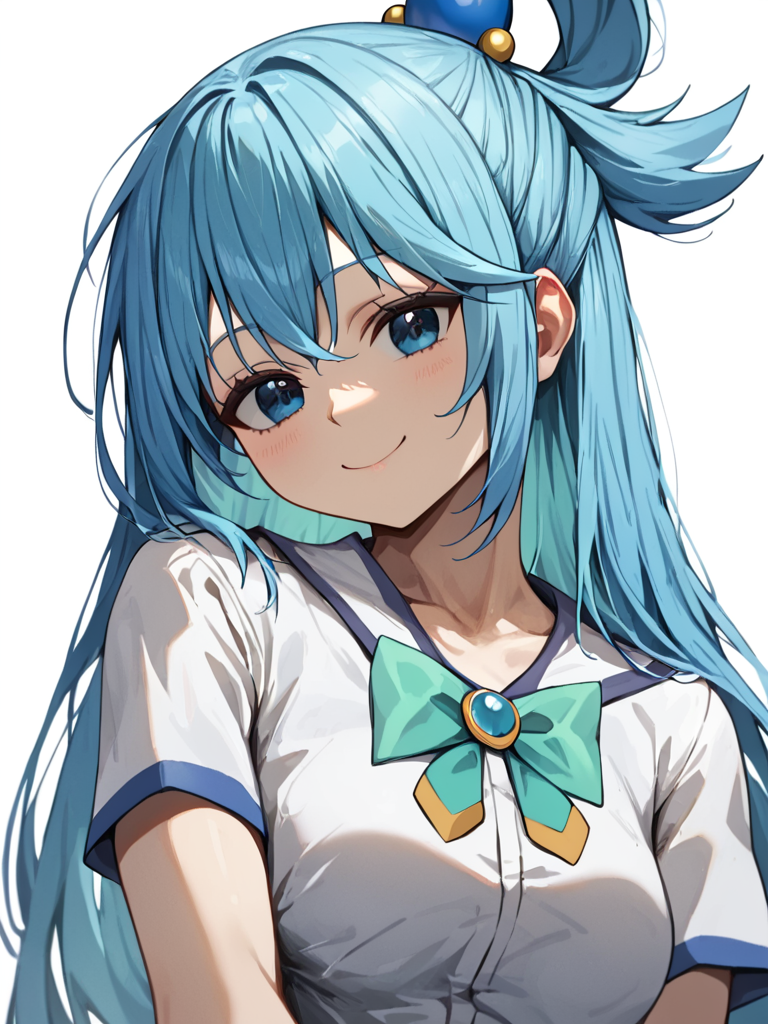 score_9,score_8_up,score_7_up,<lora:aqua_(konosuba):1>,highres, solo, upper_body, absurdres, short_sleeves, closed_mouth, smile, white_shirt, head_tilt, 1girl, hair_bobbles, aqua_\(konosuba\), looking_at_viewer