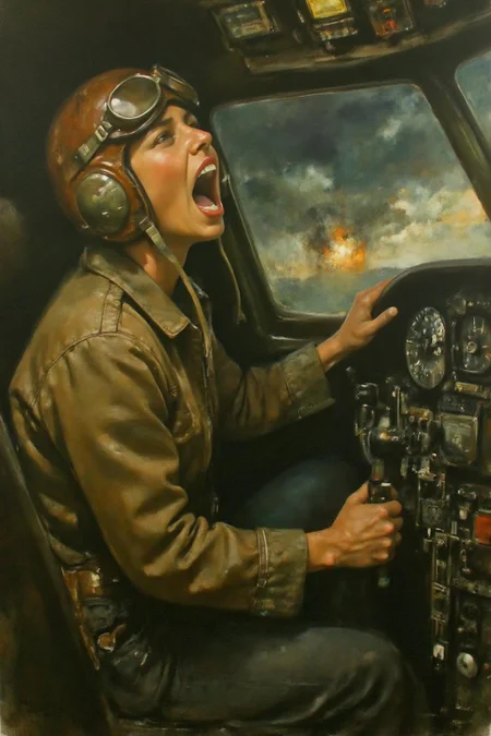 painting. A female pilot screaming inside the cockpit of a World War II bomber. The pilot, wearing a vintage leather flight helmet with goggles and a bomber jacket, grips the controls with white-knuckled hands. Her face is contorted in a mix of fear and determination as she yells, her eyes wide with adrenaline. The cockpit is cramped and filled with old-fashioned dials and gauges, with the outside view showing dark stormy clouds and distant anti-aircraft fire <lora:billbate1_cap_d8a4e12:1.0><lora:852796453020518572:0>