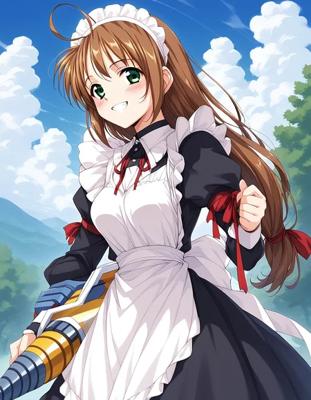 score_9, score_8_up, score_7_up, source_anime, rating_explicit, BREAK <lora:Spiral_Nami_Ver2.0_XL:1> Spiral_Nami_drill, brown hair, green eyes, maid headdress, ahoge, low-tied long hair, maid, medium breasts,
smile, apron, sky, cloud, day, outdoors, blush, looking at viewer, holding, ribbon, long sleeves, red ribbon, bow
outdoor, sky,