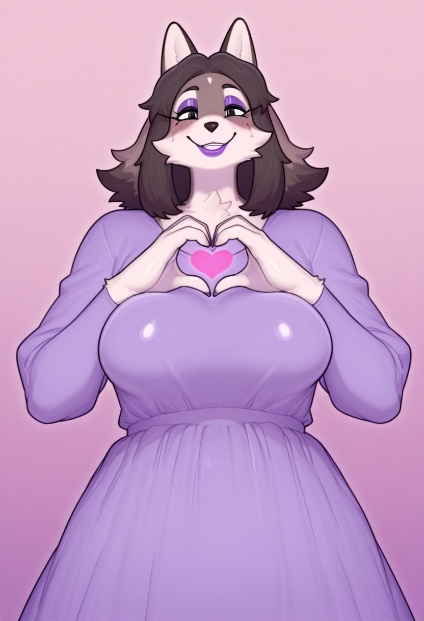 , 1girl, solo, medium build, medium hair, sfw, safe for work, covered skin, flowy dress,  black eyes, purple lipgloss, smiling, portrait, upper body, heart hands, mature female, foreshortening, detailed, newest, shiny skin, cowboy angle, solo focus, furry, anthro, furry female, medium breasts,susuigi