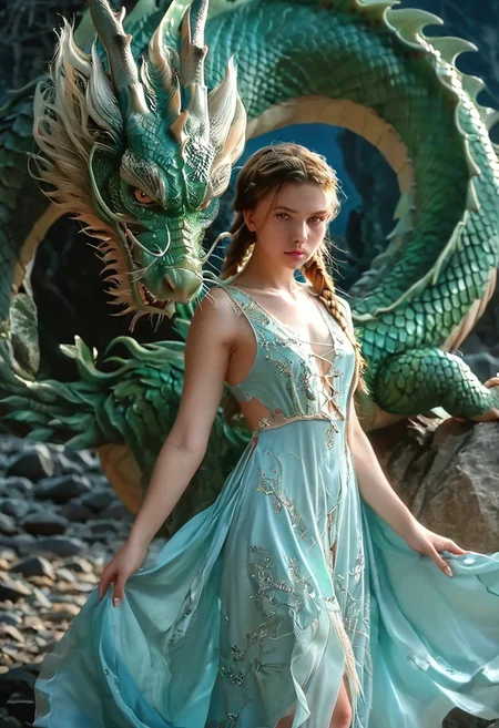 ((realistic,photorealistic, hyperrealistic)), full body shot, ((a beautiful slavic 26 year old pretty woman in felt torn night dress stay on the dragon's stone with her beautiful legs)), (The dragon is slowly crawling through the girl's body. the girl stares intently at the viewer and slowly confidently walks forward with the dragon. The camera slowly moves away from the girl), soft focus to all body, small breasts, pretty smile , sexy look, detailed skin face and eyes , natural mystic moonlight lighting , wavy golden-brown hair in a braids, film grain, low contrast, very beautiful natural slavic face , beautiful thin body, thin beautiful long legs, bright blue eyes, deep forest with ocean on background, moonlight