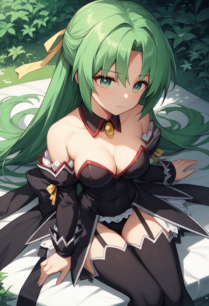 score_9,  score_7_up,  1girl, shi, green hair, long hair, green eyes, hair ribbon,black leotard, detached collar, detached sleeves, black thighhighs, black skirt,      <lora:Shion Booba-000008:1>