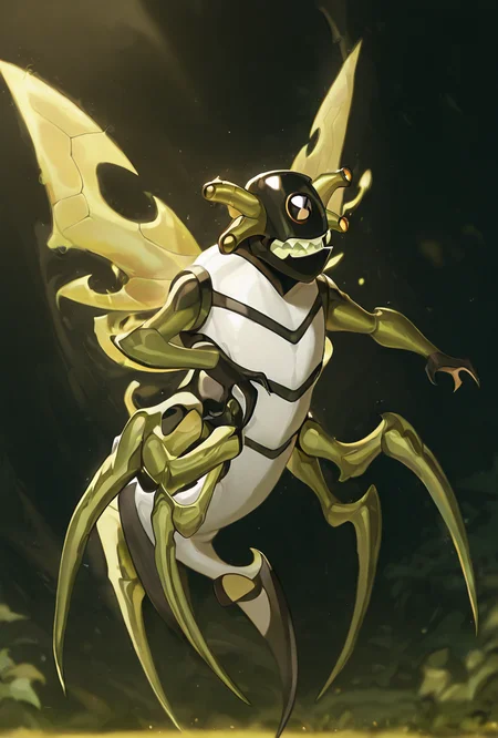 <lora:stinkfly-07:1> stinkfly, solo, no humans, monster, bug, yellow insect wings, pokemon (creature),black gloves, green arms , sharp teeth, arthropod legs, 4 legs,  antennae, tail  <lora:WSSKX_WAI:1>, masterpiece, best quality, amazing quality, very aesthetic, absurdres, newest,