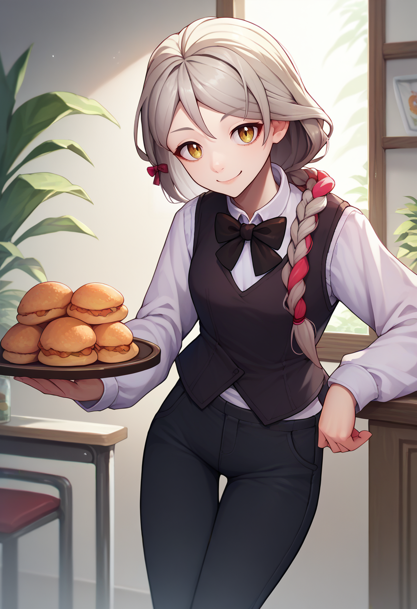 score_9, score_8_up, score_7_up, solo, 1girl, frammedef, smile, looking at viewer, holding tray, multicolored hair, grey hair, single braid, white shirt, black bowtie, long sleeves, black vest, black pants, indoors <lora:fireemblem_framme_ponyXL:1>