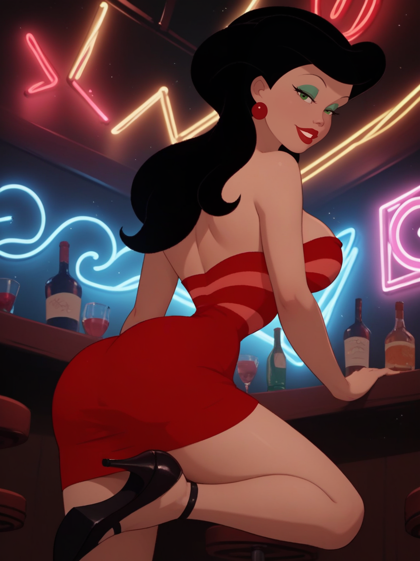 score_9, score_8_up, score_7_up,score_6_up, score_5_up, score_4_up ,1girl, solo,
large breasts,
LonetteCW, black hair, long hair, eyeshadow, green eyes,
  red dress, strapless, striped dress, short dress, 
indoors, bar \(place\),  neon lights, light particles, 
from below, from behind, ass, black high_heels,
smile, looking at viewer,  half-closed eyes, 
 <lora:Lonette PonyXL V1-000002:1>
