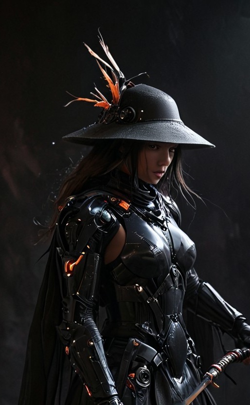 Craft a captivating vibrant dark black-neon caption for a photo capturing the essence of a cyborg Bedouin sorcerer in fight stance, defying expectations by conjuring a whimsical robot 'freak' from an oversized sedge  hat. ethereal, smoky backdrop. throwing a translucent orange/tanslucent purple/black iaidow, weapon, katana, holding sword, ready to draw, sheathed, unsheathing, scabbard,, 
 very detailed, atmospheric haze, Film grain, cinematic film still, shallow depth of field, highly detailed, high budget, cinemascope, moody, epic, OverallDetail, gorgeous, 2000s vintage RAW photo, photorealistic, candid camera, color graded cinematic, eye catchlights, atmospheric lighting, skin pores, imperfections, natural, shallow dof