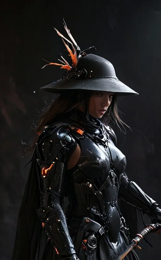 Craft a captivating vibrant dark black-neon caption for a photo capturing the essence of a cyborg Bedouin sorcerer in fight stance, defying expectations by conjuring a whimsical robot 'freak' from an oversized sedge hat. ethereal, smoky backdrop. throwing a translucent orange/tanslucent purple/black iaidow, weapon, katana, holding sword, ready to draw, sheathed, unsheathing, scabbard,,
very detailed, atmospheric haze, Film grain, cinematic film still, shallow depth of field, highly detailed, high budget, cinemascope, moody, epic, OverallDetail, gorgeous, 2000s vintage RAW photo, photorealistic, candid camera, color graded cinematic, eye catchlights, atmospheric lighting, skin pores, imperfections, natural, shallow dof