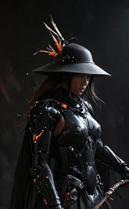 Craft a captivating vibrant dark black-neon caption for a photo capturing the essence of a cyborg Bedouin sorcerer in fight stance, defying expectations by conjuring a whimsical robot 'freak' from an oversized sedge hat. ethereal, smoky backdrop. throwing a translucent orange/tanslucent purple/black iaidow, weapon, katana, holding sword, ready to draw, sheathed, unsheathing, scabbard,,
very detailed, atmospheric haze, Film grain, cinematic film still, shallow depth of field, highly detailed, high budget, cinemascope, moody, epic, OverallDetail, gorgeous, 2000s vintage RAW photo, photorealistic, candid camera, color graded cinematic, eye catchlights, atmospheric lighting, skin pores, imperfections, natural, shallow dof