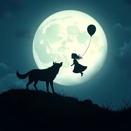 a dramatic night scene featuring layered silhouettes against a pale full moon. In the background, create a haunting silhouette of a small girl floating in the air, her dress and hair flowing in the wind as she holds onto a single balloon string. Her form should be completely black against the moon's light, creating a dreamlike, ethereal effect.
The moon should be large and dominant in the composition, appearing unusually close and taking up about a quarter of the sky. It should have a pale, slightly yellow-white glow with subtle texture details of its surface visible.
In the foreground, position a large black wolf on a slight elevation, its head tilted up towards the moon in a howling pose. The wolf's silhouette should show detailed fur texture along its outline, with its tail slightly raised and ears pointed forward. Its howling pose should create a strong, dramatic silhouette.
Colors:
Silhouettes: Pure black, sharp edges
Moon: Pale yellow-white with subtle grey surface details
Sky: Deep navy blue fading to lighter blue around the moon
Ground: Dark blue-black shadows
Style: Gothic and ethereal, combining childhood innocence with dark fantasy elements. The composition should create a sense of solitude and mystery, with the girl's floating form adding a surreal, dreamlike quality to the scene. The contrast between the dark silhouettes and the bright moon should be stark and dramatic.