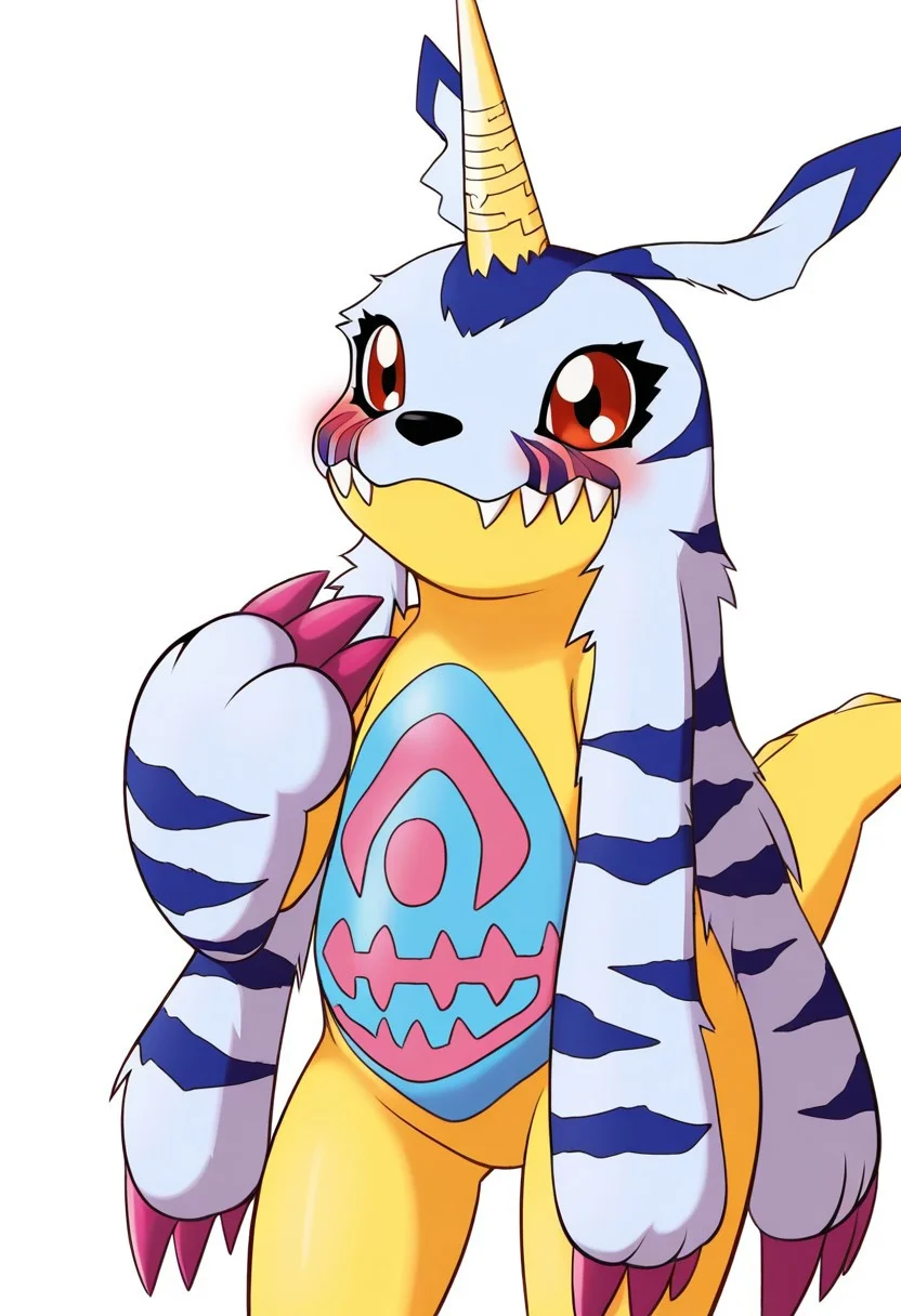 score_9, score_8_up, score_7_up,8k,(masterpiece,best quality)),best res,,good anatomy,cute,(sexy:1.3),ultra,,cute,,face,hot,female,smiling,extremely detailed face,4k,happy, upper body,,detailed eyes,beautiful,smiling,,cute,very cute,upper body,tall,arms,, blush, perfect lighting, hips, skinny,,tall female,gabumon, solo, looking at viewer, simple background, white background, red eyes, closed mouth, standing, tail, full body, horns, teeth, no humans, fangs, transparent background, sharp teeth, clenched hand, claws, single horn, creature, digimon (creature)
