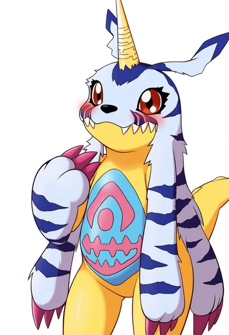 score_9, score_8_up, score_7_up,8k,(masterpiece,best quality)),best res,,good anatomy,cute,(sexy:1.3),ultra,,cute,,face,hot,female,smiling,extremely detailed face,4k,happy, upper body,,detailed eyes,beautiful,smiling,,cute,very cute,upper body,tall,arms,, blush, perfect lighting, hips, skinny,,tall female,gabumon, solo, looking at viewer, simple background, white background, red eyes, closed mouth, standing, tail, full body, horns, teeth, no humans, fangs, transparent background, sharp teeth, clenched hand, claws, single horn, creature, digimon (creature)