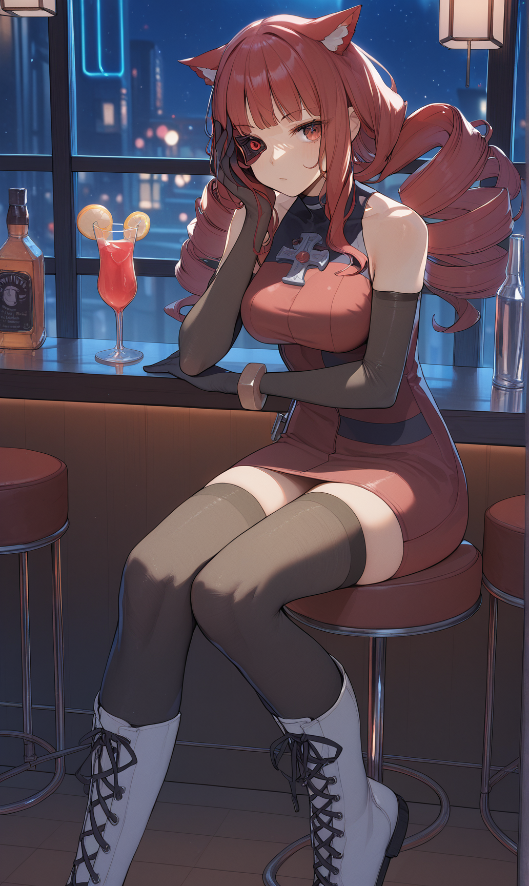 (score_9,score_8_up,score_7_up,score_6_up,score_5_up),1girl, artificial eye, (mechanical eye), animal ears, solo, red hair, drill hair, thighhighs, breasts, red dress, cat ears, gloves, sitting, long hair, boots, black thighhighs, (elbow gloves), bar \(place\), black gloves, large breasts, red eyes, bar stool, knee boots, stool, blush, sleeveless, drinking glass, cup, white footwear, sleeveless dress, jewelry, alcohol, cross-laced footwear, night, looking at viewer, animal ear fluff, indoors, bare shoulders, stella hoshii, night, <lora:VA-11 Hall-A-xl:1> <lora:night-XL:0.7>