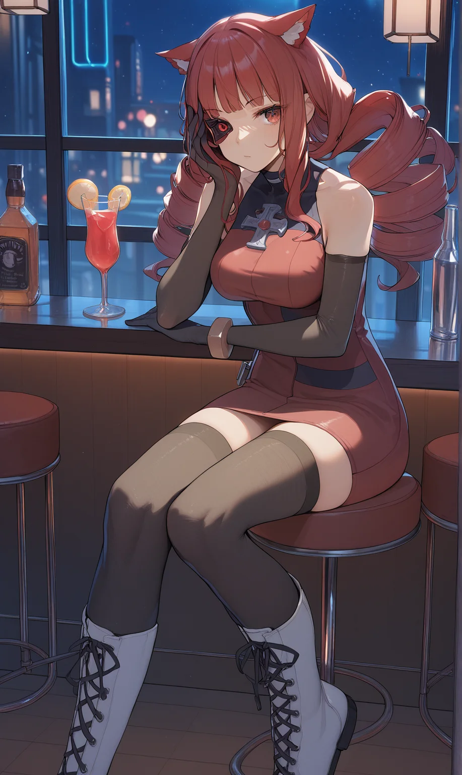 (score_9,score_8_up,score_7_up,score_6_up,score_5_up),1girl, artificial eye, (mechanical eye), animal ears, solo, red hair, drill hair, thighhighs, breasts, red dress, cat ears, gloves, sitting, long hair, boots, black thighhighs, (elbow gloves), bar \(place\), black gloves, large breasts, red eyes, bar stool, knee boots, stool, blush, sleeveless, drinking glass, cup, white footwear, sleeveless dress, jewelry, alcohol, cross-laced footwear, night, looking at viewer, animal ear fluff, indoors, bare shoulders, stella hoshii, night, <lora:VA-11 Hall-A-xl:1> <lora:night-XL:0.7>