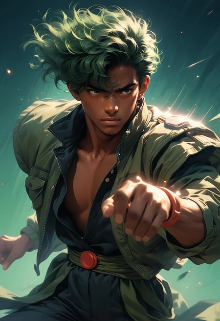 score_9, score_8_up, score_8_up, 1boy, dark skin, green hair, dynamic pose, retro futuristic, detailed