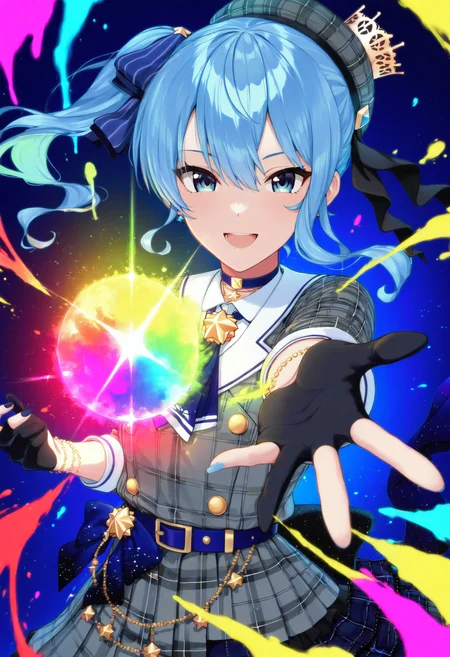 hoshimachi suisei \(1st costume\), partially fingerless gloves, reaching towards viewer, looking at viewer, energy ball, smile, rainbow color, vibrant color, open mouth, diffraction spikes,
splash paint, red, blue, yellow, green, color leaks, spiral, floating hair, floating clothes, masterpiece, best quality