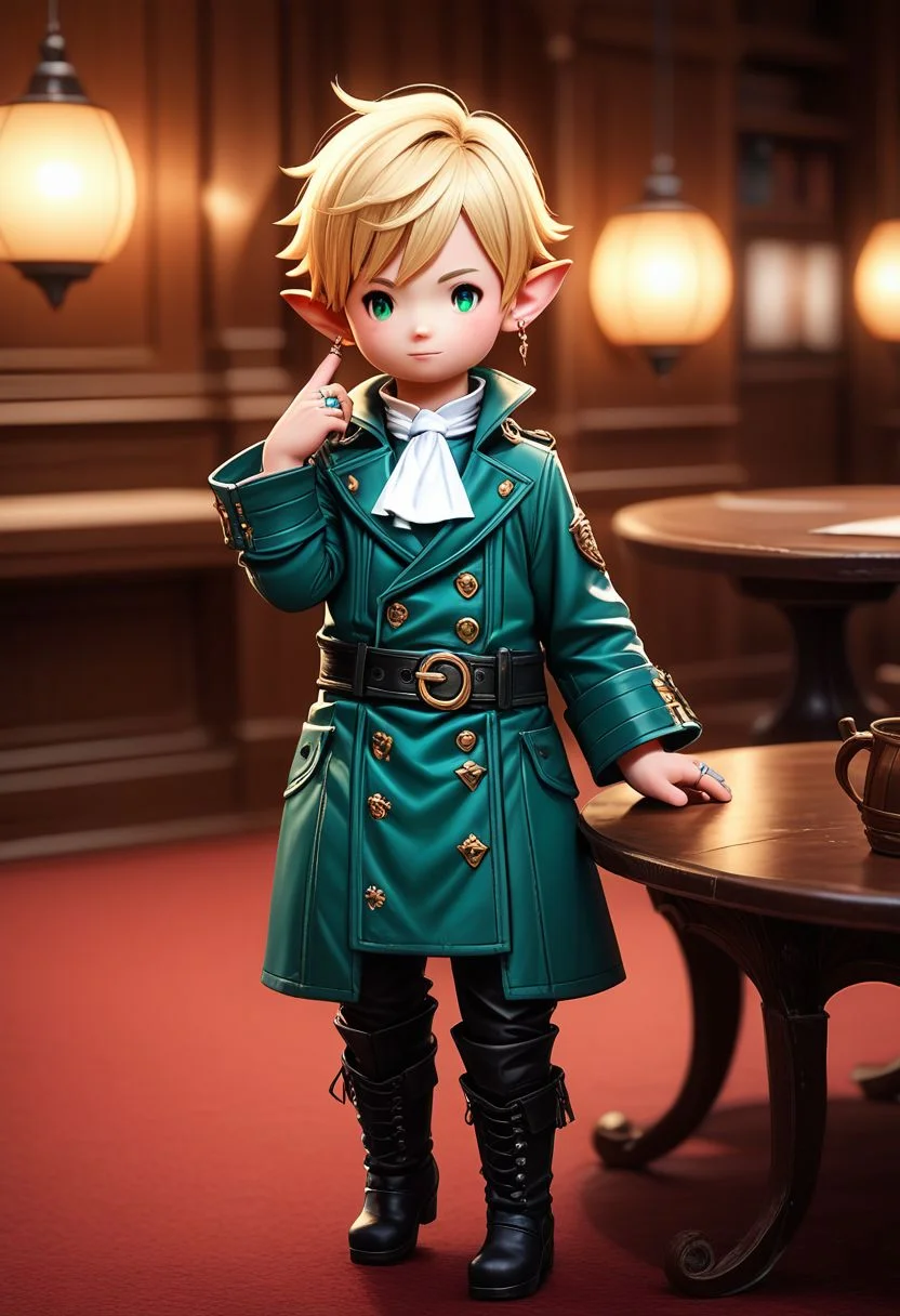 lalatater, monocle, solo, lalafell, pointy ears, jewelry, green eyes, ring, earrings, belt, standing, short hair, full body, looking at viewer, boots, white ascot, coat, blonde hair, depth of field, indoors, long sleeves, hand up, black footwear, 1boy, male focus, chibi, puntable BREAK PonyXLV6_Scores