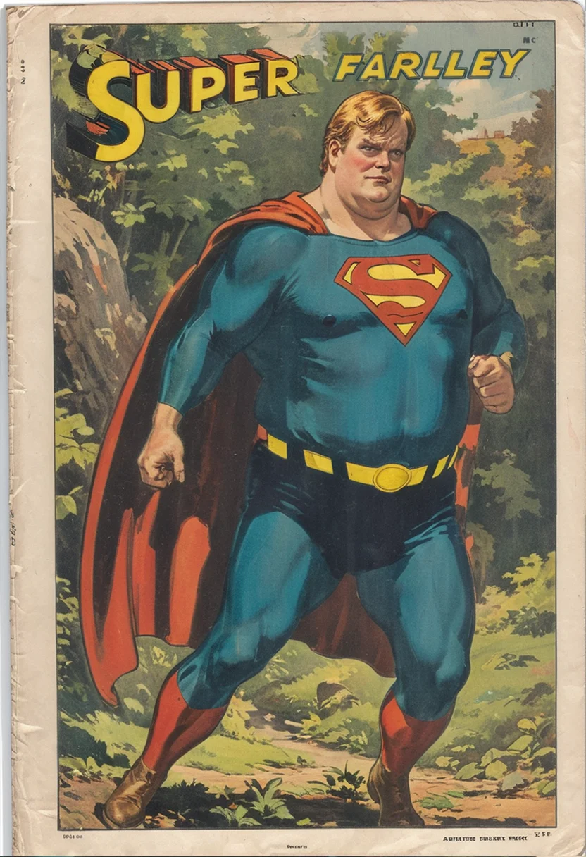 vintage comic book cover of (chris farley:1.2) superman by beatrix potter and worthington whittredge and arthur rackham, clean lines, detailed