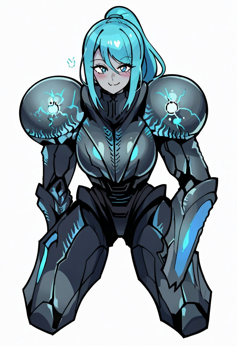 score_9, score_ 8, score_7_up, source_anime, dark samus, 1girl, solo, looking at viewer, large breasts, phazon suit, ponytail, smile, full body, blush