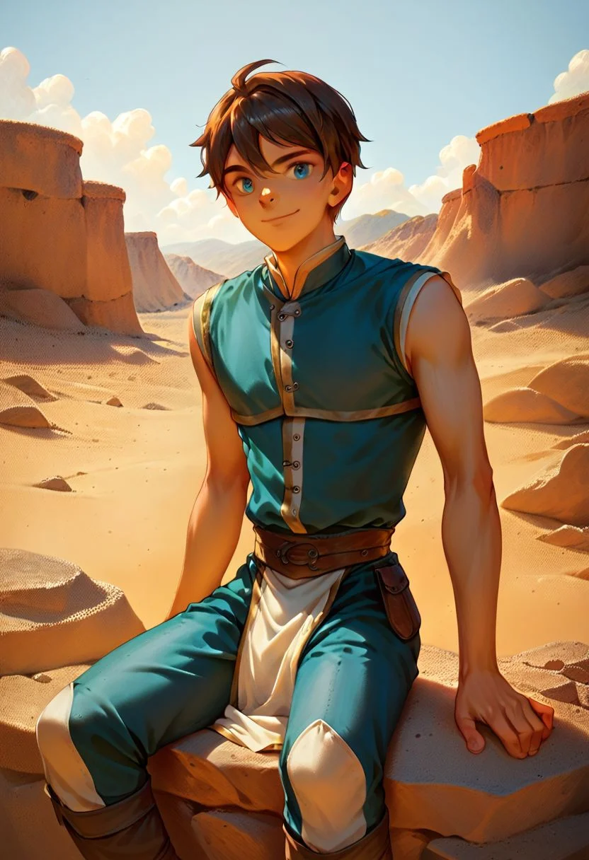 score_9, score_8_up, score_8_up, 1boy, handsome twink, (slim:1.2), masterpiece, brown hair, cyan eyes, medieval clothing, medieval pants, medieval shirt, detailed cloth clothing, detailed background, flat desert background, sandy desert, sitting on rock, seto, neutral expression, light smile, light tan