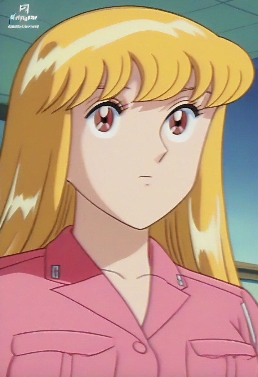 masterpiece, best quality, , anime screencap, anime coloring, official style,uncensored,1girl, solo, (kochikame, akimoto reiko, huge breasts, blonde hair, pink suit),