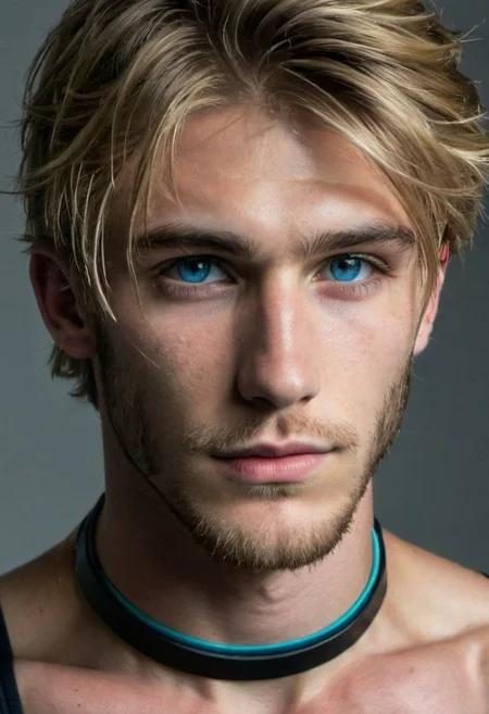 kyle ross, male focus, a handsome 19yo blonde twink, close up of face, close up of upper body, dynamic posture, dramatic angle, camera angle from below, shirtless, beard, trimmed beard, scruffy beard, hands on hip, black dog collar, black neck collar, long chain necklace, kinky,
skinny muscled, slender muscled, skinny, slender features, narrow shoulders, detailed armband tattoo, cute face, boyish face, perfect biceps, bicep veins, bulging veins, defined veins, great pecs, thin waist, angular face, strong and powerful, sporty, predatory look, feathered hair, long hair, shoulder length hair, great detail, satisfaction, blue eyes, bubble butt, small ass, small butt, tight shorts,
(Masterpiece, high quality:1.3), masterpiece, depth of field, bokeh, detailed, homoerotic, (homoerotic), highly detailed, sharp focus, intricate, smooth, elegant, fantasy, cinematic lighting, cinematic, masterpiece, matte, photorealistic, 4k, beautiful, volumetric lighting, dramatic, photo-realistic, life-like, high detail, lighting, 8Knematic lighting, 8K, contrast lighting, contrasting lighting, cinematic lighting,
