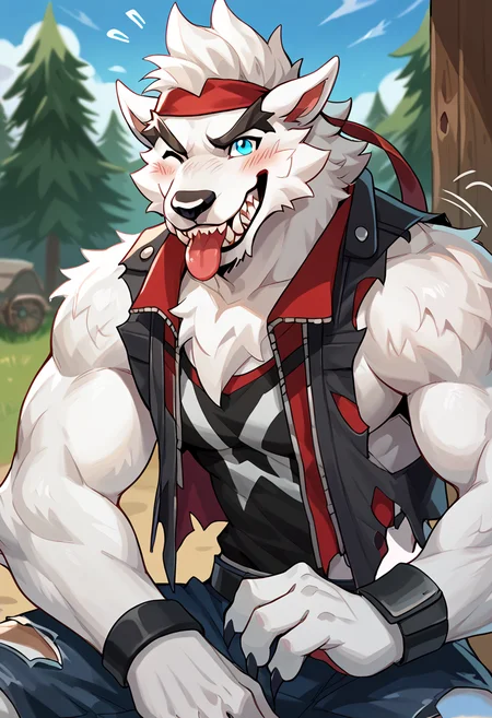 (male:1.2), solo, furry, anthro, canine, (muscular:0.3), bara, shirtless, white fur, blue eyes, tank top, blush, smiling, happy, looking_at_viewer, score_7_up, score_8_up, score_9, by nomifuk, cute:1.2, sitting, tailwag, wink, grin, tongue_out, <lora:Dire_Fortnite:1>, dire, fortnite, werewolf
