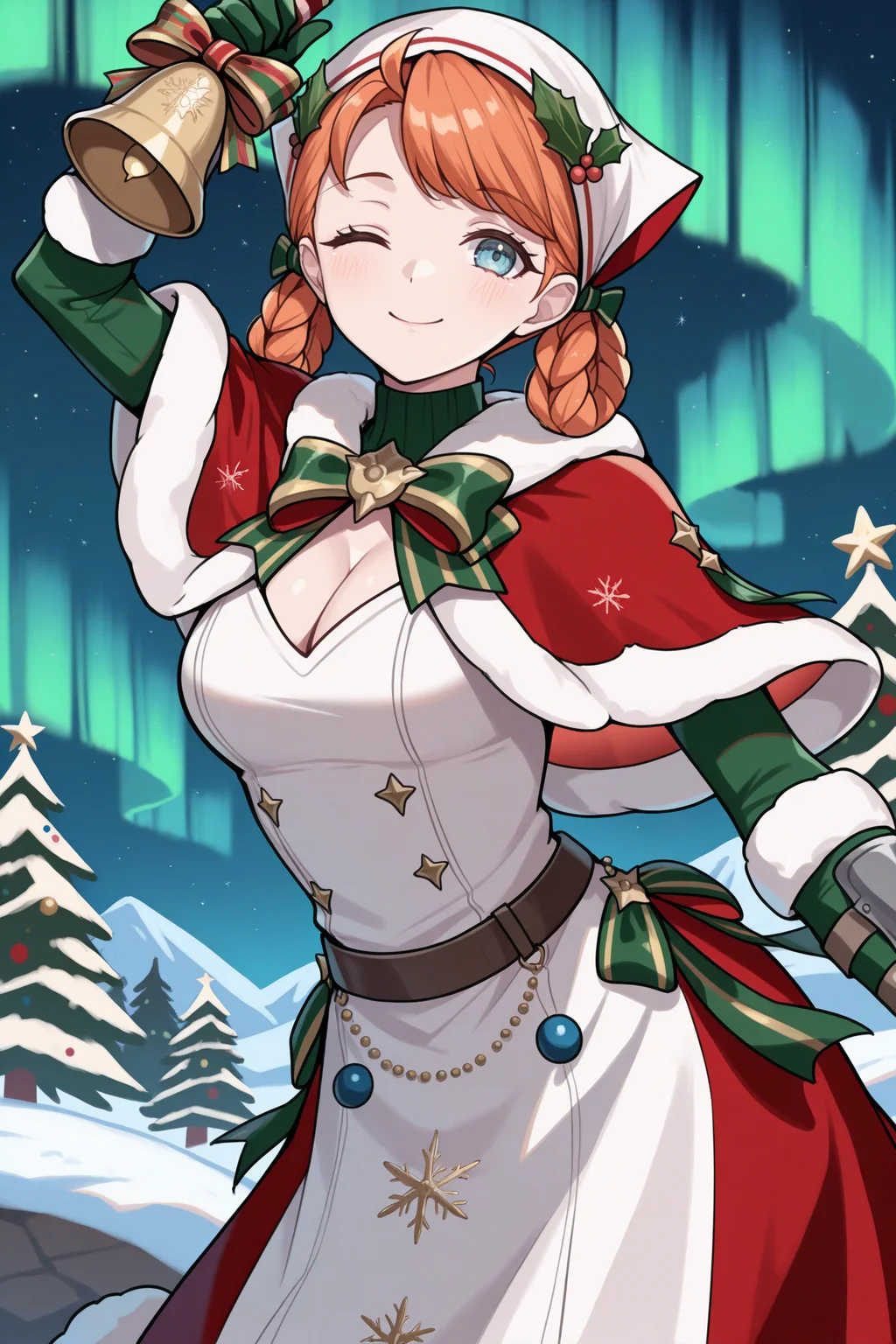 masterpiece, best quality, 1girl, solo, <lora:feannette-illu-nvwls-v1-000005:1> wntAnne, orange hair, blue eyes, hair rings, braid, swept bangs, head scarf, red capelet, fur trim, green bowtie, white dress, cleavage, white and red skirt, vambraces, green gloves, christmas, holding bell, wink, smile, arm up, night sky, aurora, wide shot, standing
