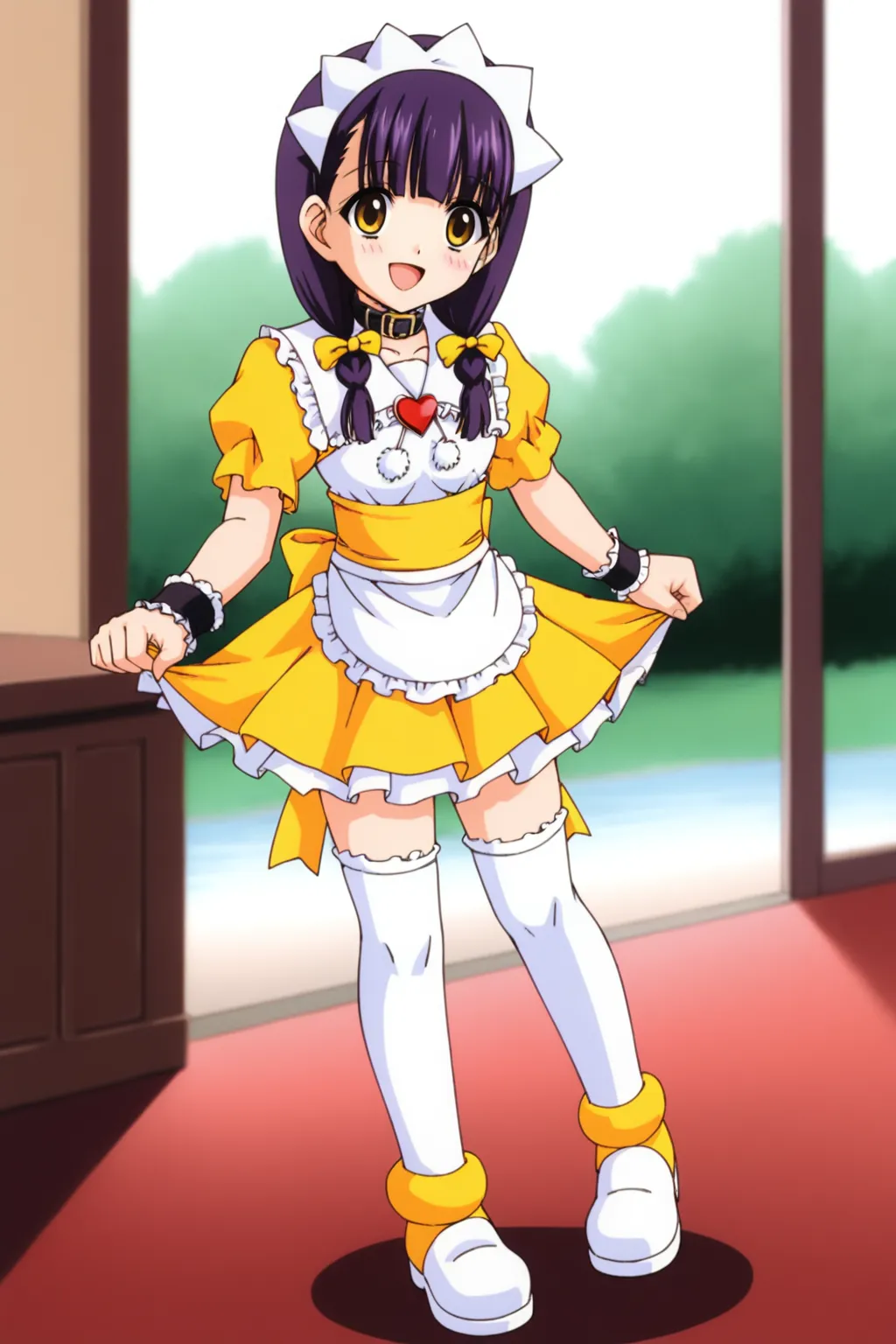 score_9, best, masterpiece, uncensored,
1girl, solo, smile, yellow clothing, yellow eyes, yellow hair ribbon, dark purple hair, black hair,
(ApprenticeFujiwaraMahiru:1.2), maid headdress, puffy short sleeves, waitress, pom pom (clothes), hair ribbon, frilled cuffs, frilled puffy short sleeves, frilled sailor collar with hearth brooch, sash with back ribbon, pleated miniskirt with white frills, white ankle boots with pink heart, frilled white thighhighs, white frilled waist apron, black belt collar with white frills,
<lora:FamiresSenshiPuddinApprenticeFujiwaraMahiru_V3:0.8>​​​