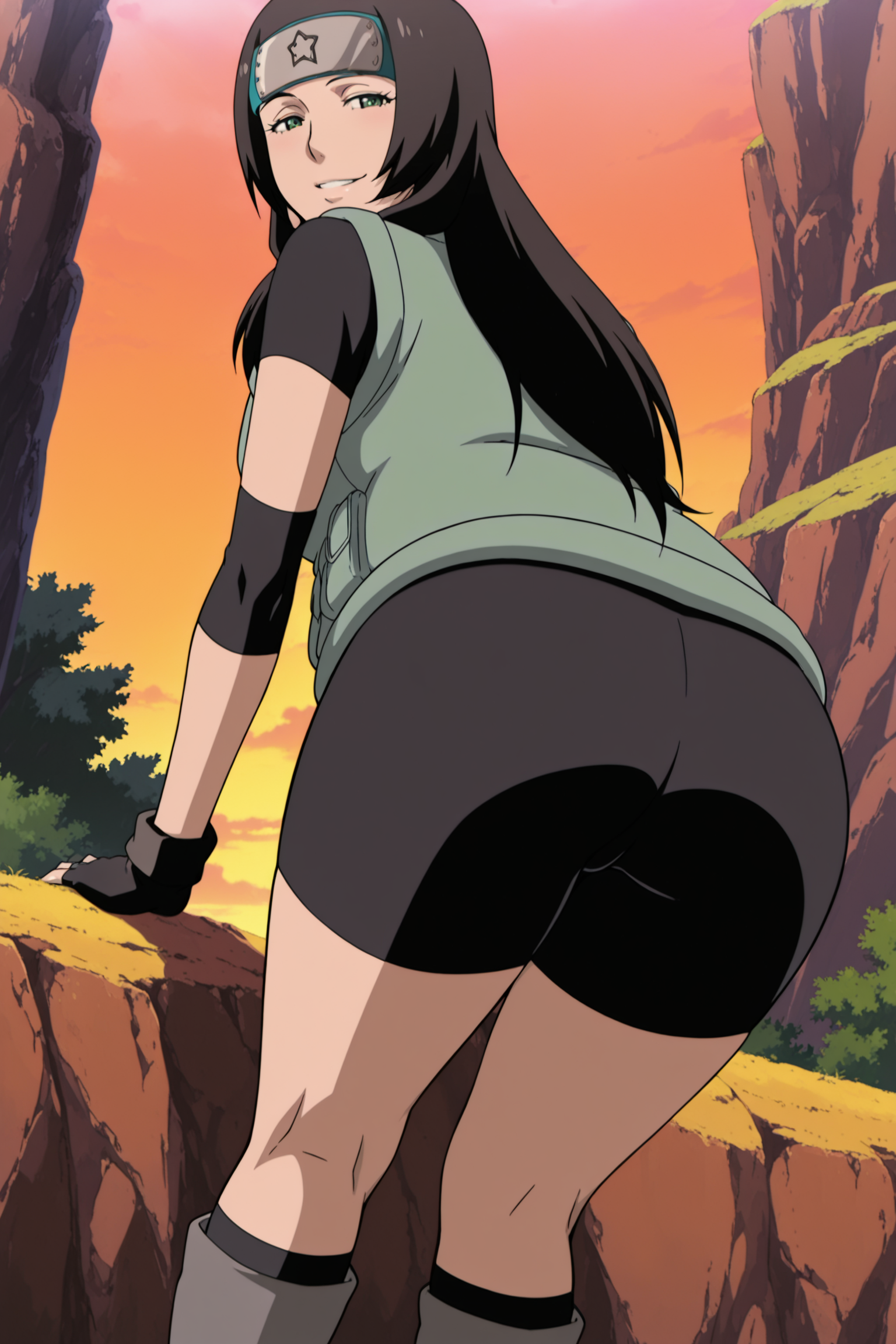 anime coloring, anime screencap, masterpiece, best quality, amazing quality,
outdoors
 <lora:Natsuhi_Naruto:1>
mature woman, 1girl, solo, long hair, green eyes, black hair,
fingerless black gloves, light green vest, black bike shorts, forehead protector, konohagakure symbol, boots,
seductive smile, mouth open,
looking back at the viewer, ass, from behind,