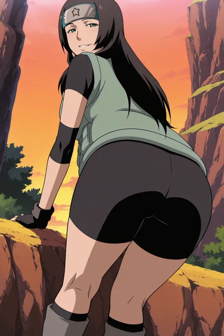 anime coloring, anime screencap, masterpiece, best quality, amazing quality,
outdoors
 <lora:Natsuhi_Naruto:1>
mature woman, 1girl, solo, long hair, green eyes, black hair,
fingerless black gloves, light green vest, black bike shorts, forehead protector, konohagakure symbol, boots,
seductive smile, mouth open,
looking back at the viewer, ass, from behind,