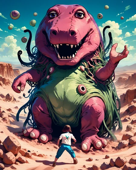 score_9, score_8_up, score_7_up, <lora:phreniaXLP:1> phrenia, surreal, <lora:Barney_the_Dinosaur:0.92> (barney the dinosaur), ((fighting against cthulhu)), at a desert oasis, detailed, action shot, <lora:backgroundon:0.8> source_anime <lora:Solo - Crowd Slider_alpha1.0_rank4_noxattn_last:0.3>