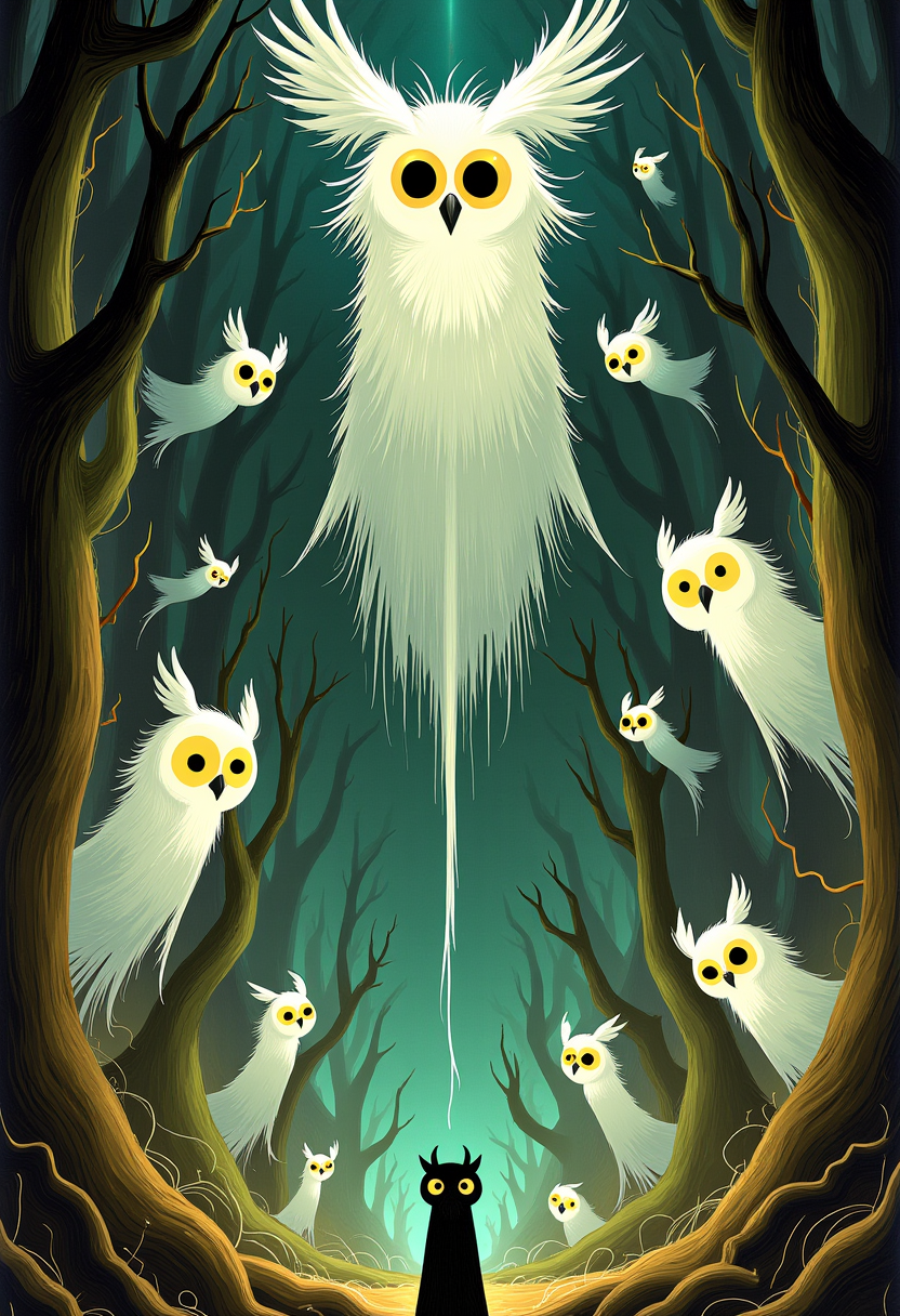 WackyScratchDaal  A parliament of ghostly owls wearing centuries-old carnival masks, floating silently through an underground cathedral of roots and forgotten lullabies; each owl holds a thread of someoneâs dream memory in its talon; drawn in a blend of silent film expressionism and the textured brushwork of oil-on-canvas.
