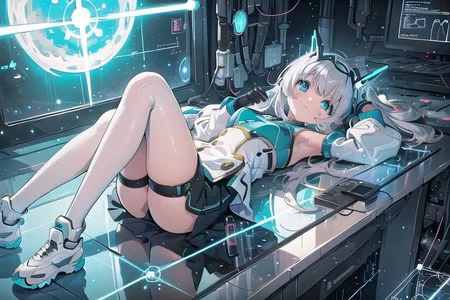 (masterpiece), (science fiction:1.4), 1girl, lying on the back on a mirror, lying on the back on a mirror, lying on the back on a mirror, smile, silver hair, aqua eyes, headgear, long sleeves, detached sleeves, glowing energy clothing, light particles, energy particles, perfect hands, perfect legs