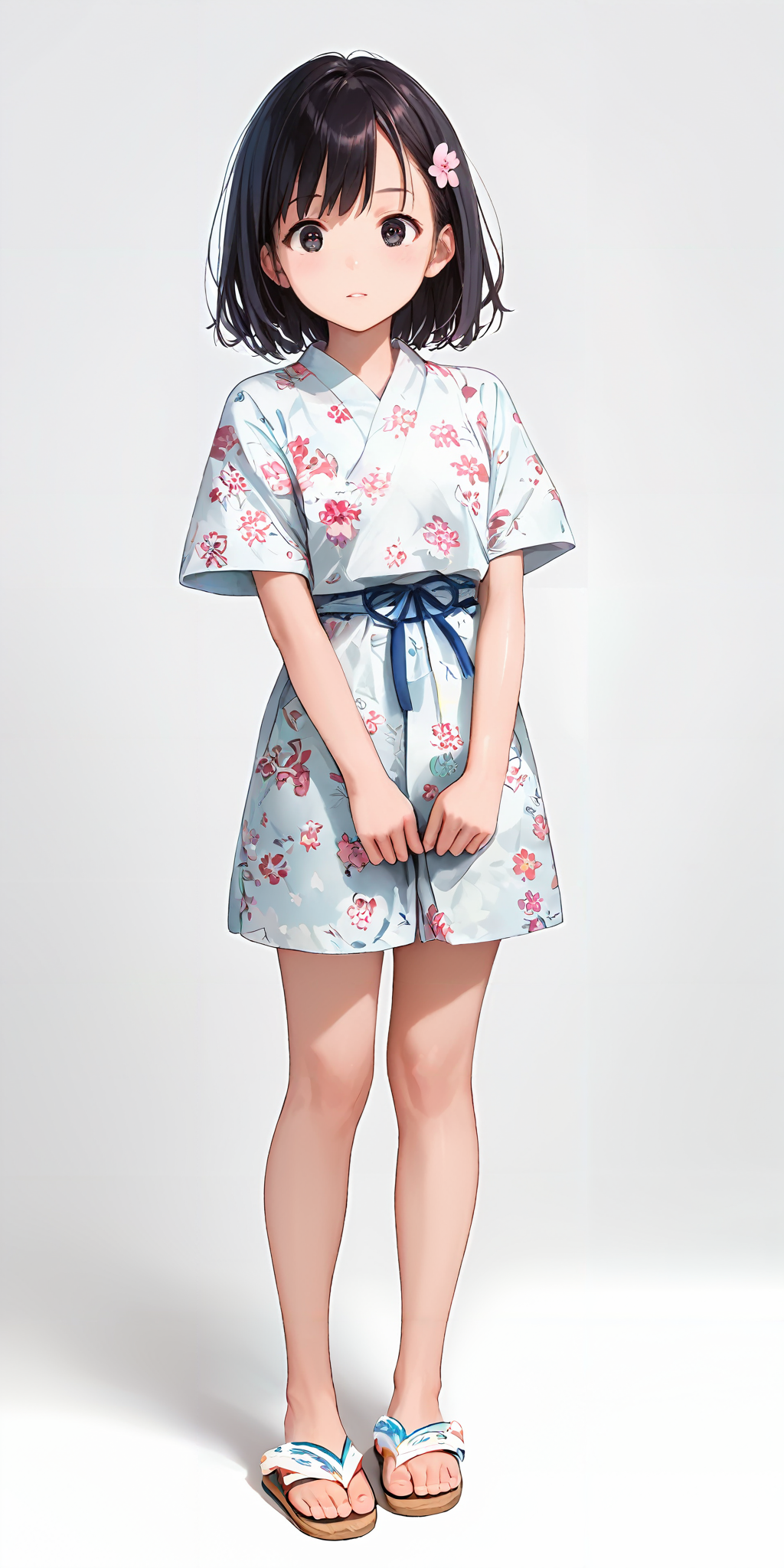 score_9, score_8_up, score_7_up,source_anime, high res image,masterpiece,best quality,girl,cute face,clear skin,shiny hair,ultra detailed eyes,simple background, 
 <lora:jinbei_Pony_V1.0:0.7> jyojifuku, floral print, short sleeves,sandals