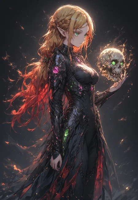 safe_pos, score_9, score_8_up, score_7_up, score_6_up, score_5_up,full body:1.4,black background,simple background,masterpiece, best quality, sharp_details, game_cg，flat color, dark theme
,tsundere elf, long hair, a big braid,blonde hair, glown eyes,green eyes, pointy ears, elf, multicolored hair, forehead jewel,
holding a skull in hand,raise a skull before chest,
breasts, cleavage,tigh body suit,underbust,black detail gauntlets armor,(tight),mature face,33 years-old,
,standing,(large breasts:0.6),from side:1(fromfront:0.5),expressionless,
 dramatic pose,full body:1.4,dark theme,DARKStyle，hkmagic