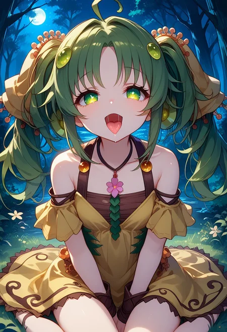 score_9, score_8_up, score_7_up, Best quality, HD, extremely detailed, stunning beautiful, high definition, source_anime, solo, Expressiveh, detailed eyes, eyesHD,green hair,twintails,green eyes,dress,yellow dress,ahoge,hair ornament, in the forest, predator eyes, eyes shining, ((dark forest)), predator lust look, small tits, mouth open, saliva, tongue out, ((night)), sitting, high angle shot, moon rays, presenting tits, glowing eyes, (smug), forehead shadow, traptrix sera