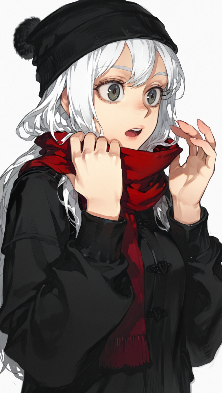1girl, hat, long hair, long sleeves, open mouth, scarf, simple background, solo, upper body, white background, white hair, <lora:Solara:1>