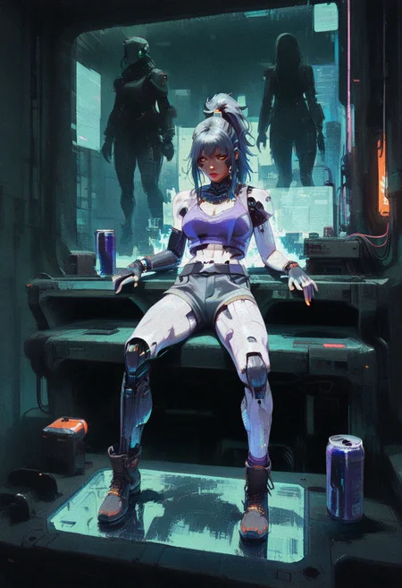 (guweiz:0.8), (sasha khmel:0.4), (xilmo:1)
best quality, masterpiece, flat colors, uncensored, black outline, (realistic:0.85), detailed,
BREAK (mature:1.1), adult, 1girl,
highly detailed, hyper-realistic, futuristic, cyberpunk, pingtu style, illustration-fen, niji, gothic, erotic, anime) digital illustration featuring a young woman with a blend of human and cybernetic angelic traits. Fair skin, dark messy high ponytail, large expressive eyes. Slender, athletic physique with a toned build. Wears lavender crop top with cyber circuitry, glowing bio-luminous lines. High-waisted charcoal gray denim shorts with neon-lit straps. Left leg adorned with a cybernetic tattoo sleeve, glowing toxic green, bright orange, teal, and gold hues. Sits on metallic cyber crates emitting neon glow, right leg bent, left extended. Right hand grips an ornate cyber sword with a glowing teal energy blade, left hand resting on thigh with chrome-plated cyber fingers. Chrome combat boots with mechanical joints, chrome belt with glowing interface, fingerless gloves with embedded micro-screens. Background features a surreal cyberpunk collage filled with futuristic decor. Neon-lit posters, floating holographic screens, glowing robotic sculptures, bio-mechanical plants pulsing light. Walls covered in glitch-art panels, digital graffiti shifting in real time. Floating data pads, energy drink containers, neon-outlined furniture with scattered cyber accessories, sleek lounge seating with holographic interface. Soft pastel cyber-lighting contrasts with neon details, blending toxic colors into cyberpunk and surreal fantasy aesthetics. <lora:Vo1d_Sp3ctrum-final-v1:0.6> <lora:ck-Sci-Fi-Concepts-IL-000015:0.55> <lora:ck-70s-scifi-IL-000013:0.5> <lora:ck-nc-cyberpunk-IL-000011:0.55> <lora:retro_scifi_artstyle_illustriousXL-000021:0.420001220703125> <lora:0__11Xx:0.75> <lora:Detailer_NoobAI_Incrs_v1:0.9> <lora:FlatAndGritILXL:0.7>