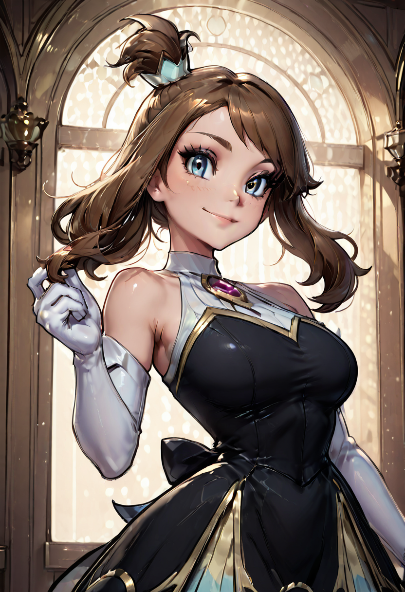 masterpiece, best quality, 1girl, eyelashes, (beautiful eyes), looking at viewer, smile, narrow waist, wide hips,   zzMayCh, hair ornament, elbow gloves, white gloves, black dress, eyelashes, sleeveless dress, multicolored dress, solo, ballroom background, twirling pose, sparkling lights, elegant atmosphere â Under the glittering chandeliers, zzMayCh twirls gracefully, her multicolored dress flaring out, eyelashes fluttering as she shines in the grandeur of the ballroom. (dynamic pose, foreshortening),  ,<lora:MayChampionPokemon_IXL:1.0>,  , smile, looking at viewer, zzHyp3r, upper body, backlighting,  <lora:HyperHighlight_IXL:0.8>,