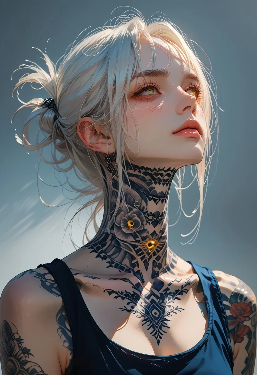 safe_Pos, score_9, score_8_up, score_7_up, Expressiveh, source_anime, s1_dram, uk1h4j1m3, g4n1m3, jsyu_style, IIIIIIIIIIIIIIIIIIIIIIIIIIIIIIIIIIIIIIII,
1girl, solo, white hair, hair ring, yellow eyes, tattoo, exposed shoulders, hair ring, tank top, full neck tattoo, upper body, grey background