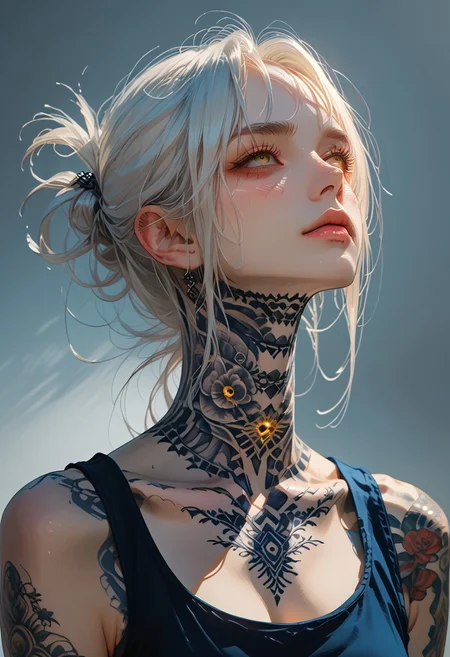safe_Pos, score_9, score_8_up, score_7_up, Expressiveh, source_anime, s1_dram, uk1h4j1m3, g4n1m3, jsyu_style, IIIIIIIIIIIIIIIIIIIIIIIIIIIIIIIIIIIIIIII,
1girl, solo, white hair, hair ring, yellow eyes, tattoo, exposed shoulders, hair ring, tank top, full neck tattoo, upper body, grey background