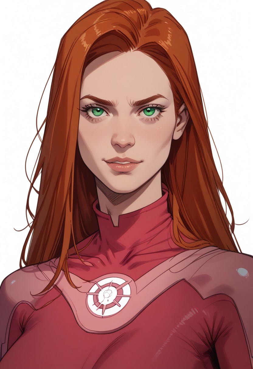 score_9, score_8_up, score_8, score_7_up, score_7, ((close up)), face focus, Expressiveh
BREAK
1girl, solo, atom_eve, ginger-red hair, green eyes,long hair, large breasts, looking at viewer, head tilt, seductive look, aroused, horny, standing, turtleneck superhero suit, light smile
BREAK
white background